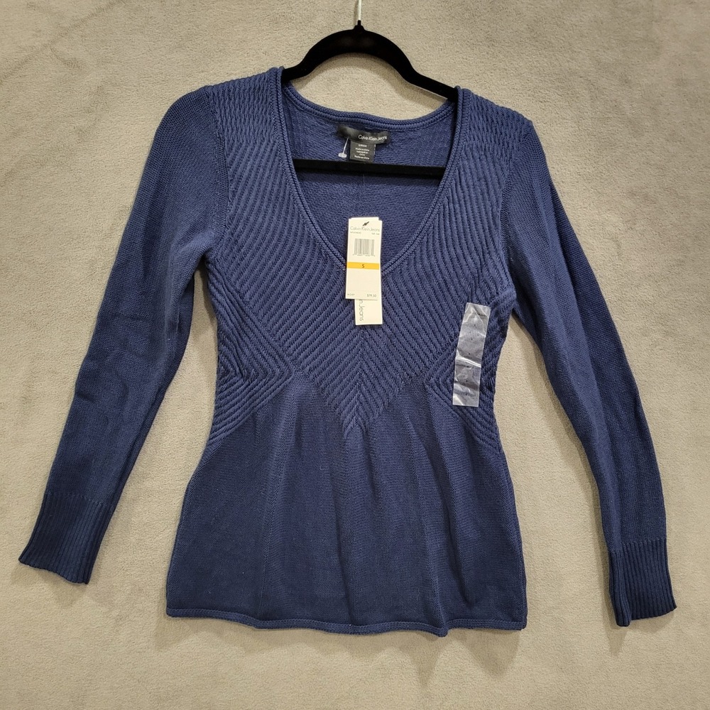 Calvin Klein Jeans Women's V-Neck Long‎ Sleeve Knit Top Sweater New Blue Small